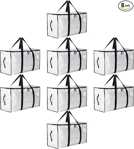 Moving Bags Heavy Duty Extra Large, Moving Boxes, Moving Supplies Essentials, Blue Storage Bins with Lids, Plastic Packing Totes, Storage Bags for Clothes with Handles & Zippers(White, 8 Pack)