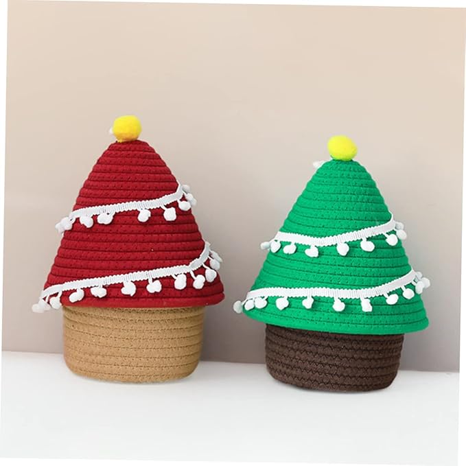 Garneck Cartoon Christmas Tree Decorative Storage Basket Lid Woven Organizer for Boys and Girls Toys Sundries and Personal Items Stylish Container for Home Decor and Desk Organization