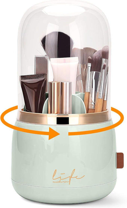 360º Rotating Toothbrush Holder with Cover, Dustproof Waterproof Cosmetic Organizer, 7-Slot Bathroom Countertop Organizer with Drainage for Makeup Brushes, Electric Toothbrushes, Toothpaste