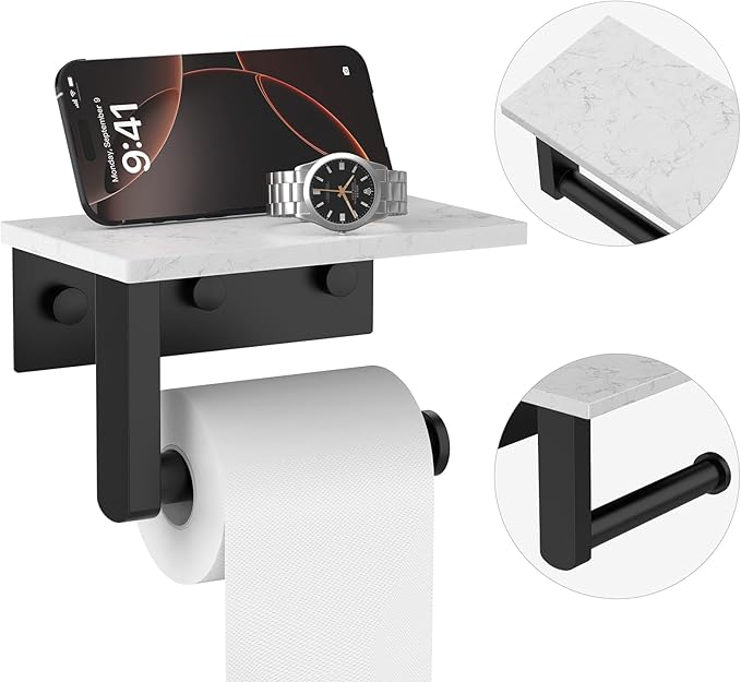 Toilet Paper Holder with Marble Shelf, 304 Stainless Steel Tissue Hand Holder Wall Mounted Toilet Paper Roll Hold with Phone Shelf for Bathroom Kitchen Washroom Bedroom, Matte Black