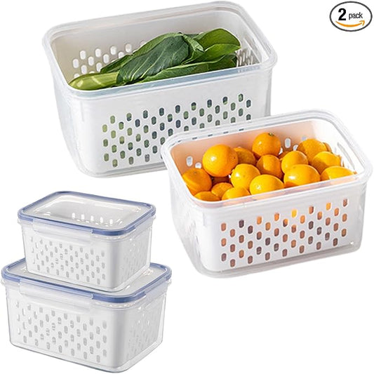 2-Pack Refrigerator Storage Containers with Removable Colander Baskets, Fridge Organizer Box for Fruits Vegetables, Keep Fresh & Tidy, Space Saving Kitchen Food Storage Container Set