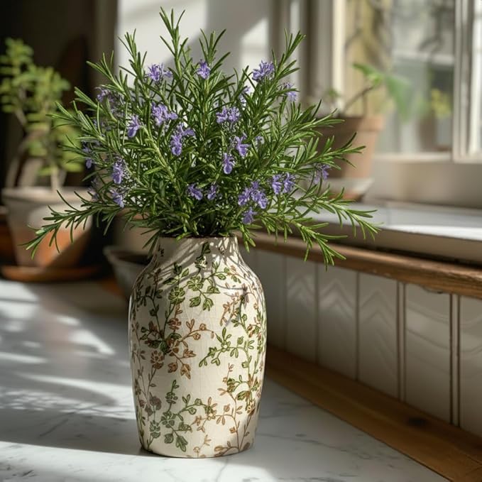 SIDUCAL Ceramic Green and Beige Antique Vase, 7 Inch Retro Ice Cracked Chinoiserie Floral Vase, Rustic Farmhouse Vases for Home Decor, Bookshelf, Office, Garden, Chinoiserie Decor, Tuscan Decor