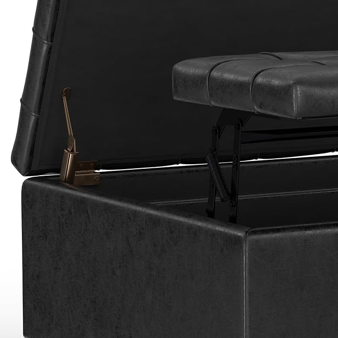 SIMPLIHOME Harrison Small Coffee Table Storage Ottoman - 30 inch Wide Upholstered Vegan Leather Square Lift-Top Ottoman in Distressed Black, Transitional Ottoman for Living Room with Hidden Storage
