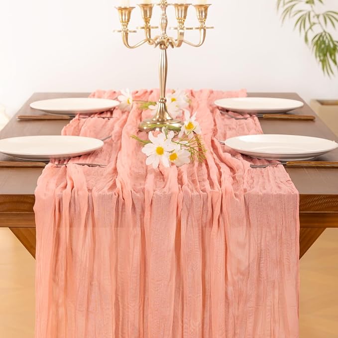Socomi Coral Peach Easter Spring Cheesecloth Table Runner Boho Rustic Gauze 120 inch 10FT Cheese Cloth Runner for Wedding Party Baby Shower Birthday Home Decor Holiday Decorations