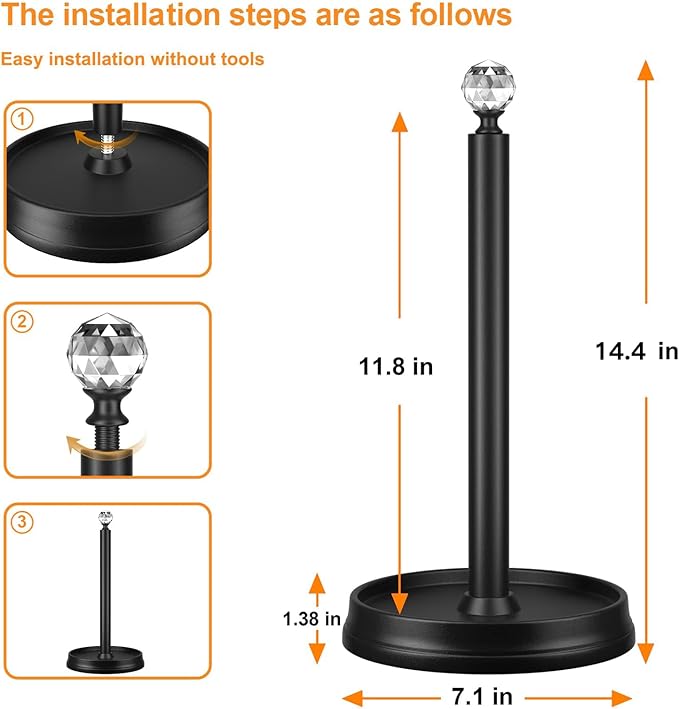 KASUNTO Crystal Head Paper Towel Holder - Steel Countertop Stand for Kitchen, Bars & Dining Tables - Fits Standard & Jumbo Rolls - Matte Black