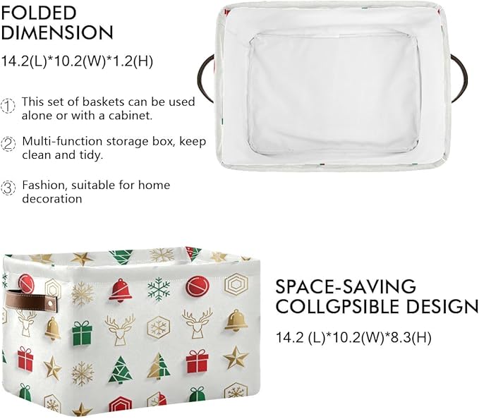 Christmas Storage Basket, Collapsible Fabric Container with Holiday Pattern, 14.2x10.2x8.3 Inches, Leather Handles, Multi-Purpose Home Organization