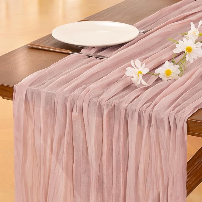 Socomi 3pcs Pink Cheesecloth Table Runner Easter Spring Boho Rustic Gauze Dusty Pink Farmhouse 120 inch 10FT Cheese Cloth Runner for Wedding Party Baby Shower Birthday Home Decor