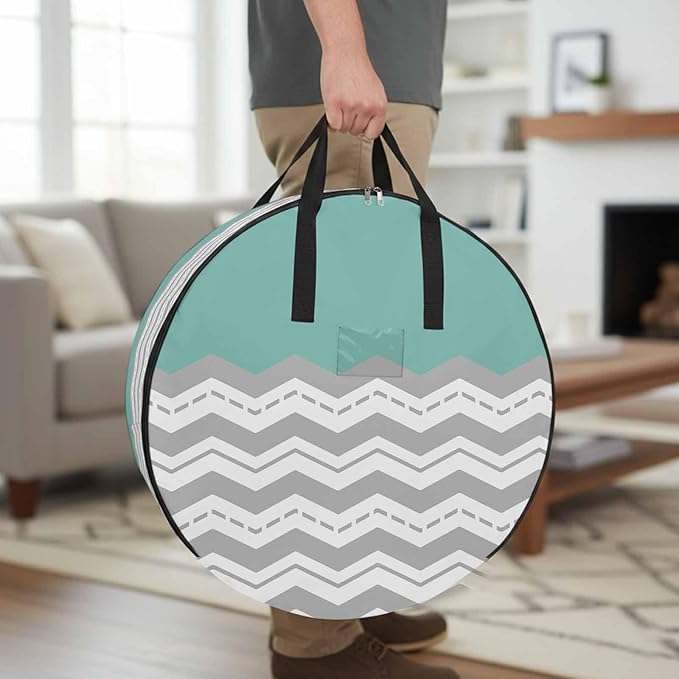 Storage Bag Turquoise Gray Waves Round Storage Totes Bins Closet Organizers with Zippers & Handle Chevron Stripe Clothes Storage Container for Bedroom Dorm Space Saving Packing Supplies Moving Bags
