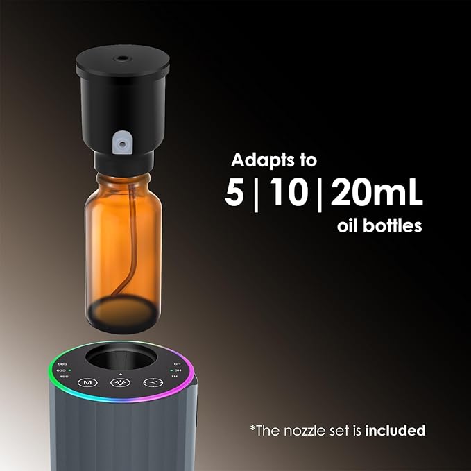 Waterless Essential Oil Diffuser, 7 Colors LED Light, Battery Powered Mini Scent Air Machine, Aromatherapy Mist Diffuser for Home Room Car Office，Black Aluminum Alloy (Black) (Gray2)