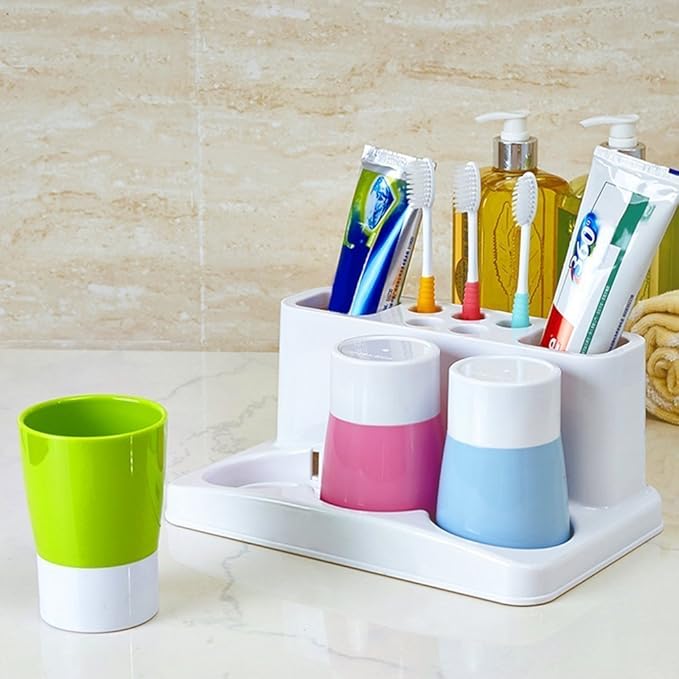 Toothbrush Holder 5 Hole Toothpaste Stand Bathroom Organizer with 3 Rinse cups for Family Set