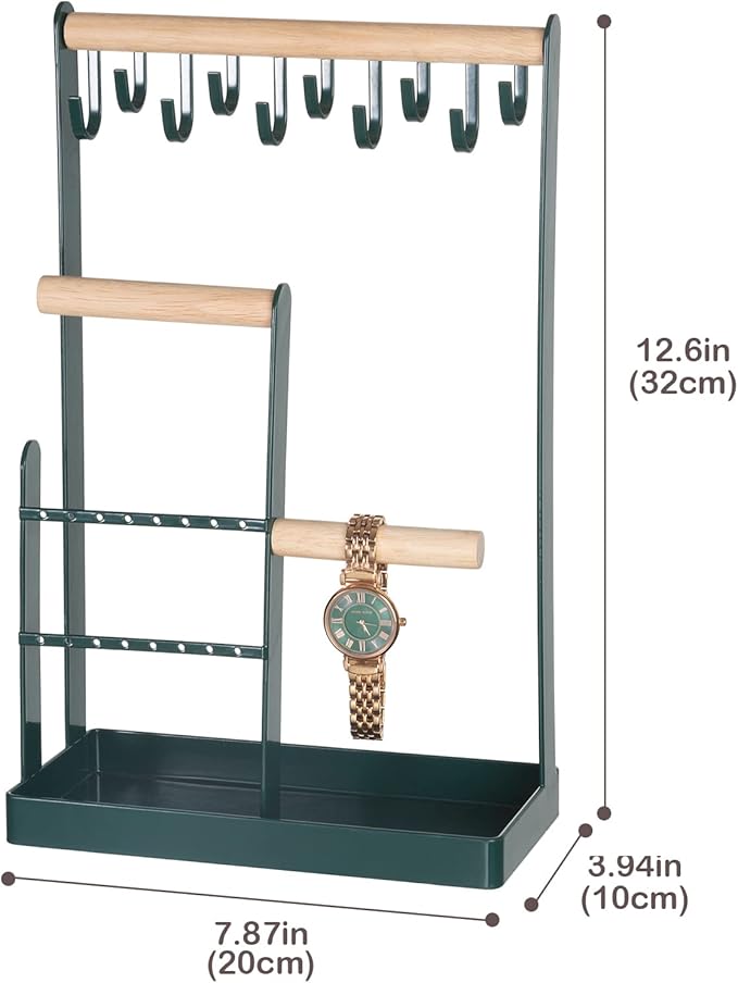 ProCase Jewelry Stand Holder Organizer, 4-Tier Necklace Holder with Ring Tray, 10 Hooks Necklaces Hanging Small Jewelry Display Storage Tower Tree for Bracelets Earrings Watches -Medium, Green