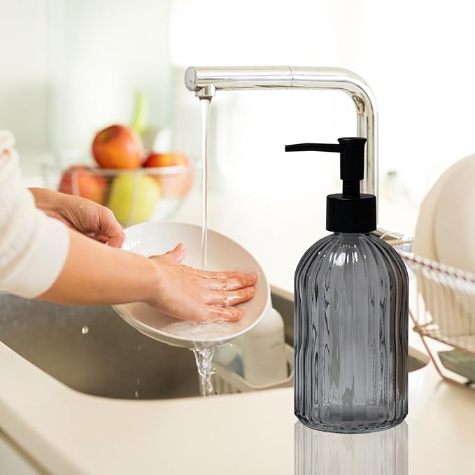 YYTSGG Grey Glass Soap Dispenser with Black Plastic Pump, 13.5oz Refillable Liquid Hand Soap Dispenser, Lotion Dish Soap Dispenser for Modern Home Decor, Bathroom, Kitchen Countertop, Hotel