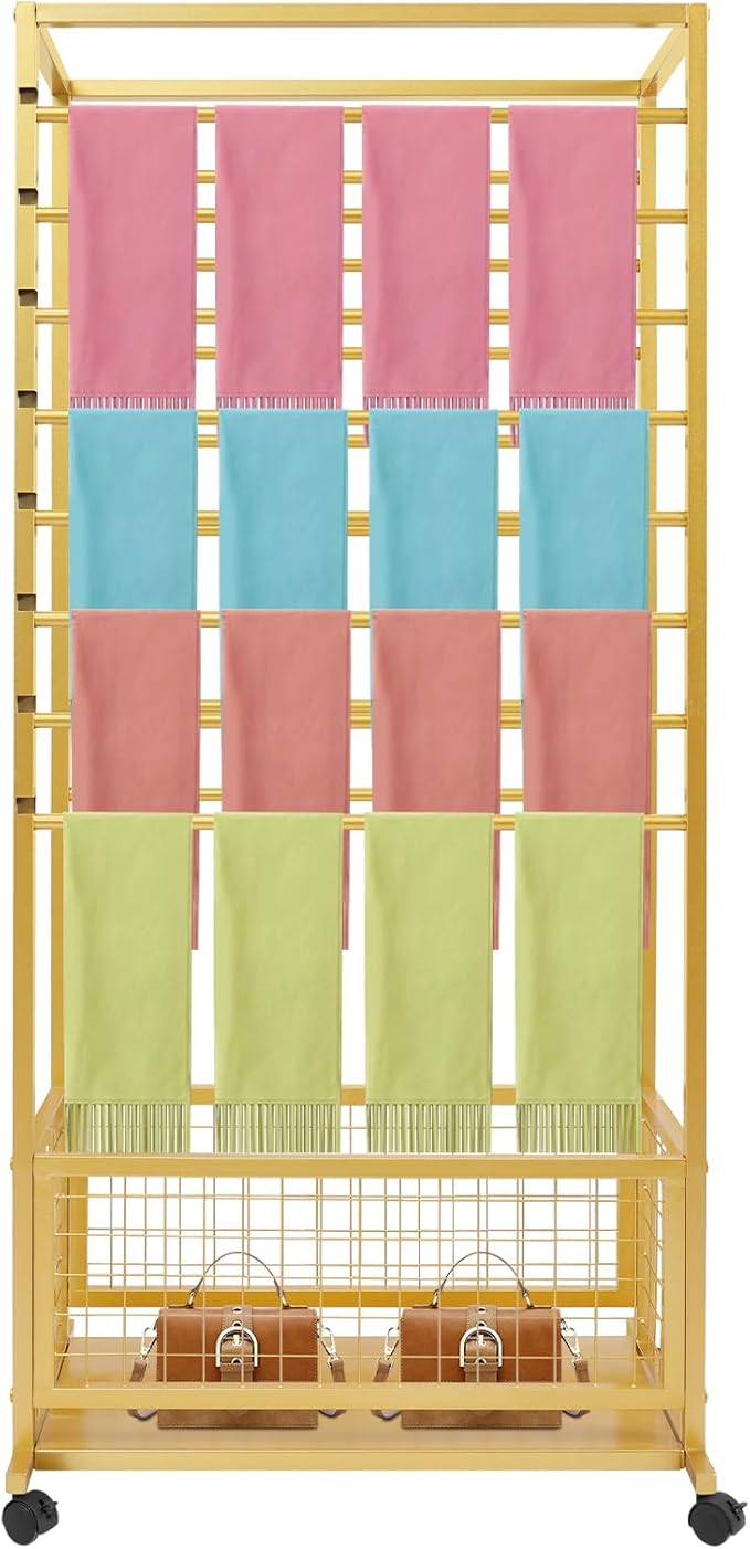 Mobile Ribbon Holder Double-Sided Ribbon Organizer Rack with 16 Hanging Rods Multifunctional Flower Wrapping Paper Storage Stand with Lockable Wheels Wrapping Paper Rack (26.38*12.99*59.06in, Gold)