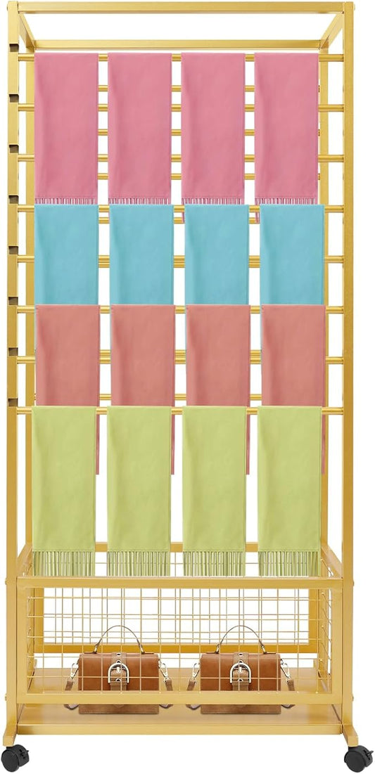 Mobile Ribbon Holder Double-Sided Ribbon Organizer Rack with 16 Hanging Rods Multifunctional Flower Wrapping Paper Storage Stand with Lockable Wheels Wrapping Paper Rack (26.38*12.99*59.06in, Gold)