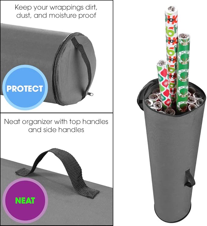 Primode Wrapping Paper Storage Bag | Wrapping Paper Organizer Under Bed for Storing Multiple Rolls of Gift Wrap, 40” Length Container Constructed of Durable 600D Oxford Material (Gray)