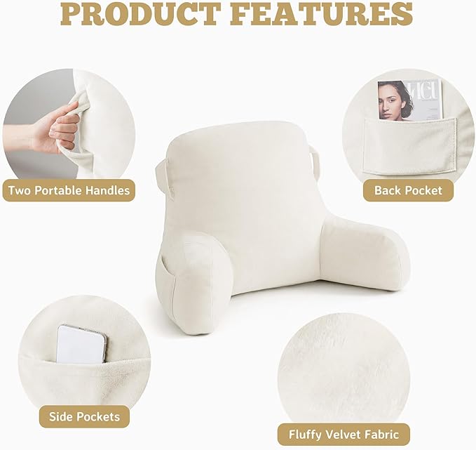 Unisakey Portable Comfy Reading Pillows for Bed Sitting Up(Beige Oeko-Tex), Velvet Back Pillow with Arms & Pockets for Adults, Support Memory Foam Bed Pillow for Dorm/Reading/Watching/Gaming