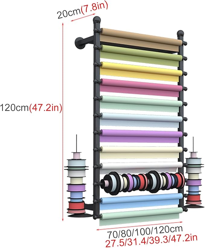 Flower Shop Ribbons Rolls Storage Organizer, Wall Mount Metal Removable Crossbar Gift Wrapping Paper Rack for Cake Stores (Color : White, Size : 120cm/47.2in) (Gold 120cm/47.2in)
