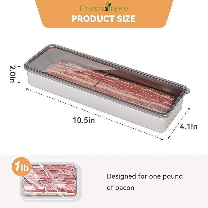 Freshmage Bacon Container for Refrigerator, 1 Pack 304 Stainless Steel Airtight Deli Meat Storage Container for Fridge Dishwasher Safe Long Kitchen Food Storage Containers with Lids with Elevated Base
