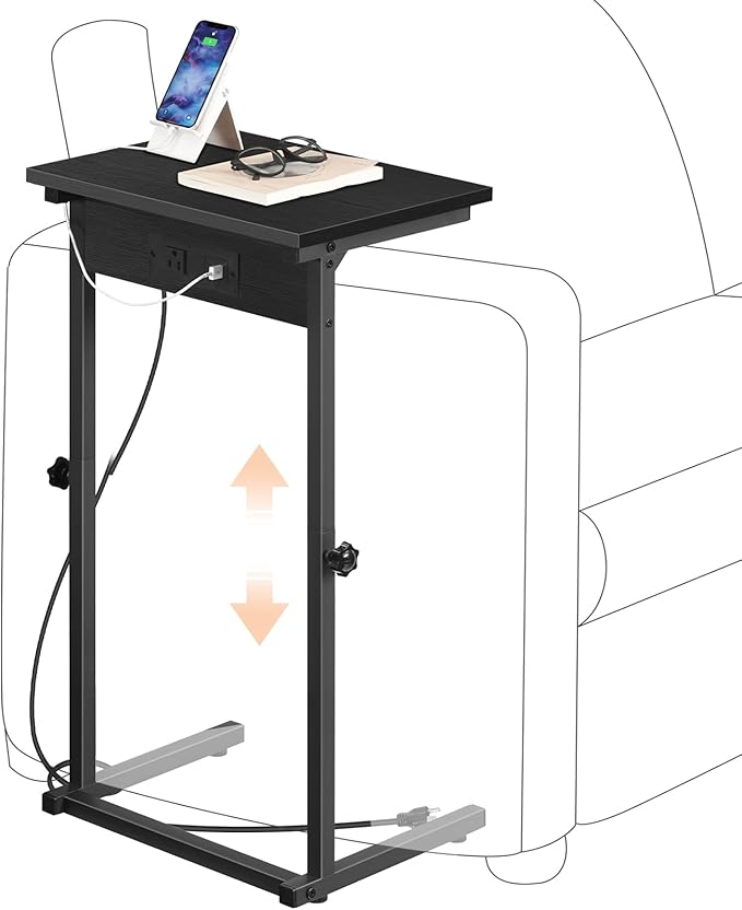 HOOBRO C-Shaped End Table with Charging Station, Adjustable Height Sofa Tray Side Table, Slide Under Couch Arm Table, Small C Side Table for Small Space in Living Room, Bedroom, Black BB71USF01