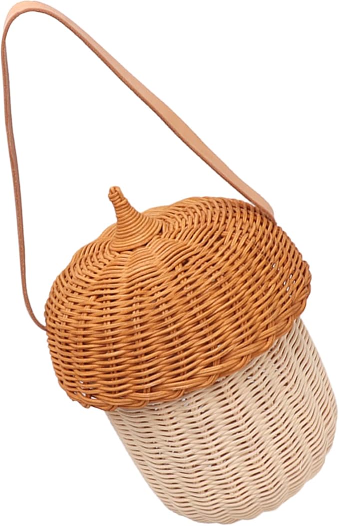 Hanging Baskets Rattan Storage Basket Handmade Photography Props Acorn Shaped Home Decorative for Girls Rattan Basket Bag Kids (Large Handbag)