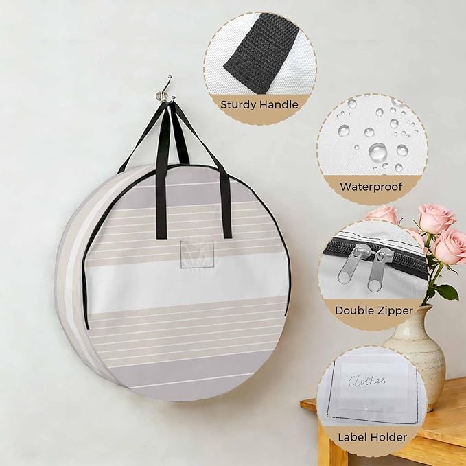 Storage Bag Cream Striped Round Storage Totes Bins Closet Organizers with Zippers & Handle Ombre Stripes Clothes Storage Container for Bedroom Dorm Space Saving Packing Supplies Moving Bags