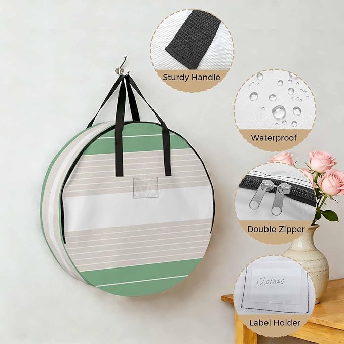 Storage Bag Cream Striped Round Storage Totes Bins Closet Organizers with Zippers & Handle Ombre Green Stripes Clothes Storage Container for Bedroom Dorm Space Saving Packing Supplies Moving Bags