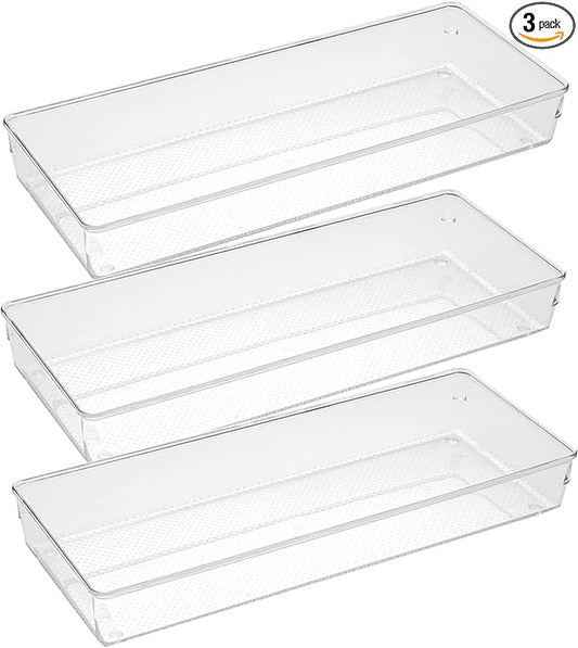 3 Pack Large Clear Plastic Drawer Organizer Tray Cutlery Utensil Makeups Drawer Organizers 15" X 6"