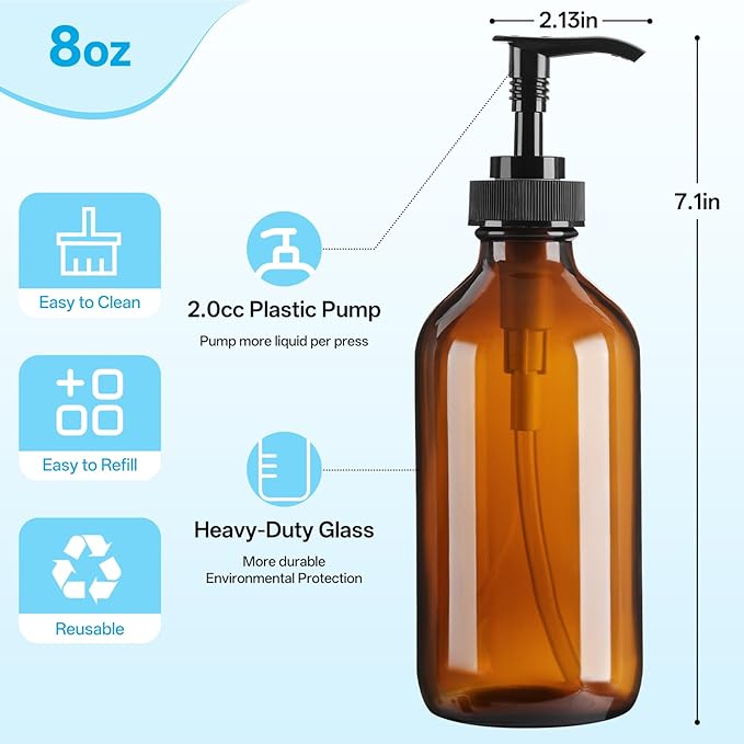GIVAMEIHF 8oz Amber Glass Dispenser Bottles 3-Pack,Refillable Soap Dispenser with Drip-Free Pump,Brown Glass Containers for Kitchen & Bathroom - Dish Soap,Shampoo,Lotion,Conditioner & Body Wash