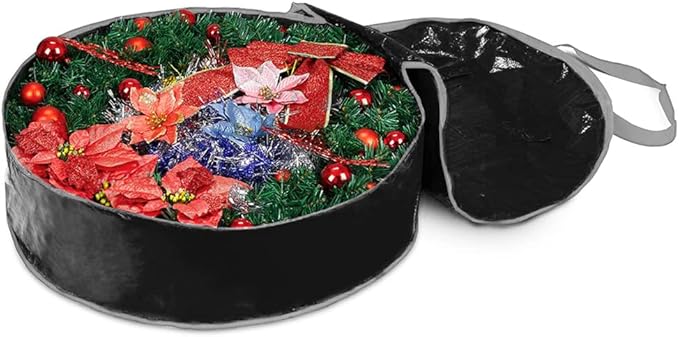 Wreath Storage Bag By Propik 24" - Garland Holiday Container Tear Resistant Material - Easy Storage Featuring Heavy Duty Handles And Transparent Card Slot 24” X 24” X 8” (Black)