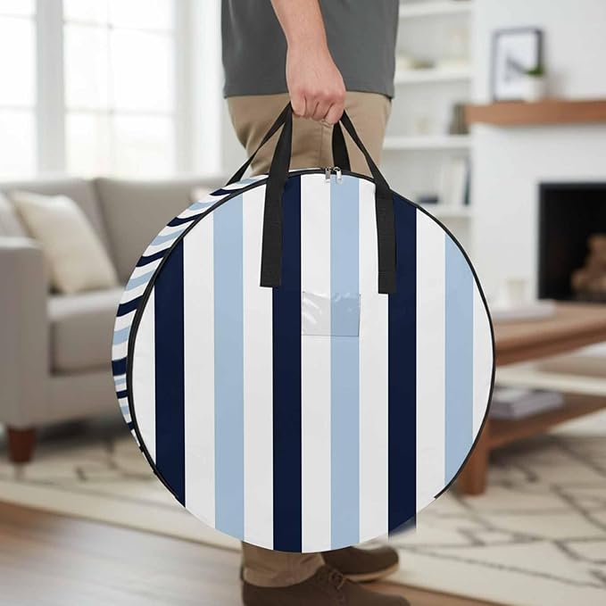 Storage Bag Navy Blue Stripes Round Storage Totes Bins Closet Organizers with Zippers & Handle Contrast Striped Clothes Storage Container for Bedroom Dorm Space Saving Packing Supplies Moving Bags
