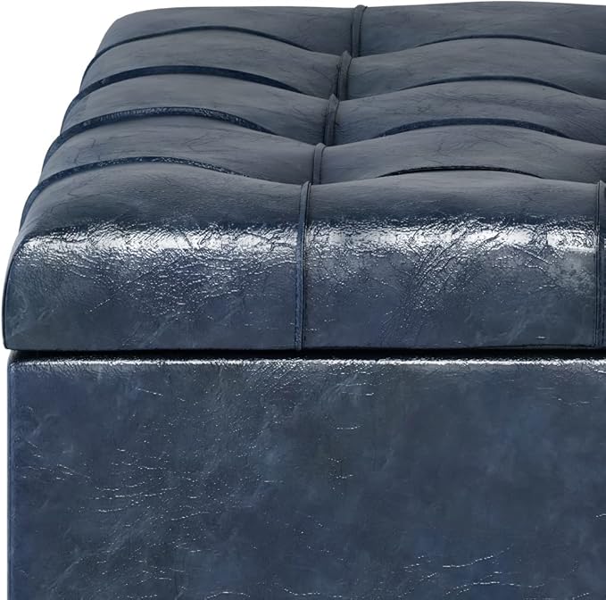 SIMPLIHOME Harrison Coffee Table Storage Ottoman - 36 inch Wide Upholstered Vegan Leather Square Lift-Top Ottoman in Denim Blue, Transitional Ottoman for Living Room with Hidden Storage