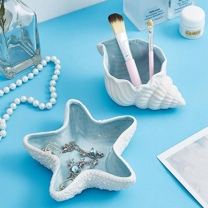 1 Pcs Conch Shape Ceramic Jewelry Tray, Multi-purpose Lovely and Luxurious Home Marine Decor, Ocean Style Earrings Necklace Storage for Rings, Watch, Key