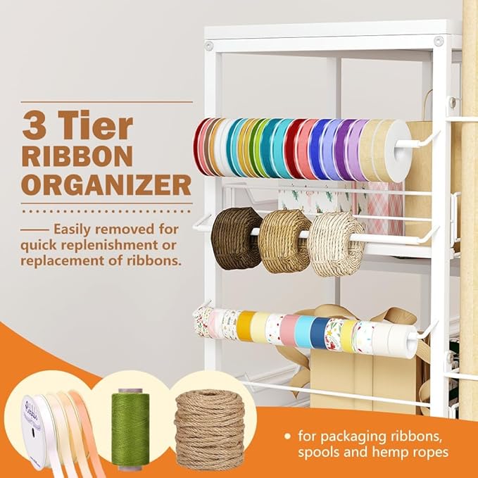 Wrapping Paper Organizer Storage with Wheels, Rolling Gift Wrap Cart with Ribbon and Gift Bag Storage, Craft Organization with 20 Roll Holders and 3 Drawers, White