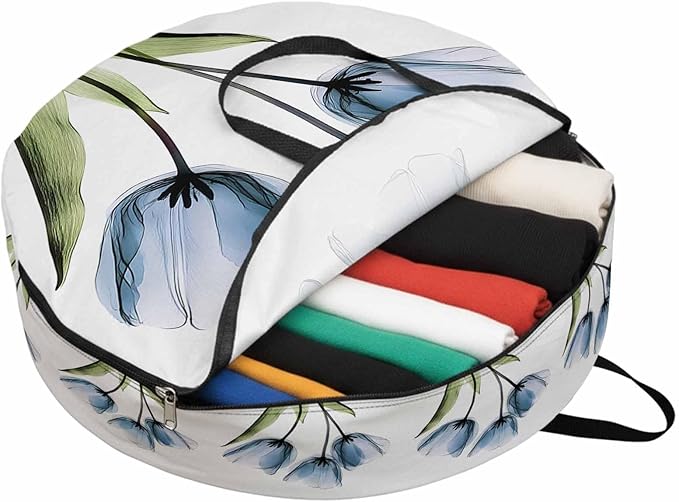 Blue Tulip Round Storage Bag 36 Inch, Country Flower Pastoral Style Clothes Storage Container with Handles Heavy Duty Organizer for Comforter, Bedding & Holiday Wreaths
