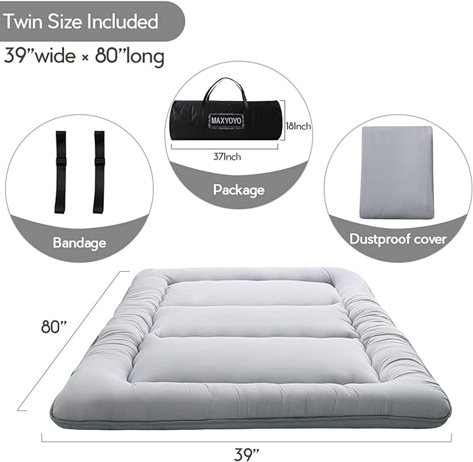 MAXYOYO Japanese Floor Mattress, Thicken Futon Sleeping Pad Foldable Roll Up Mattress Boys Girls Dormitory Floor Lounger Cushion and Sofas, Grey, Twin Size