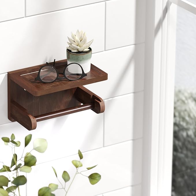 VERTORGAN 2 Pack Toilet Paper Holder with Phone Shelf,Bamboo Wall Mounted Tissue Roll Holder for Bathroom(Brown)