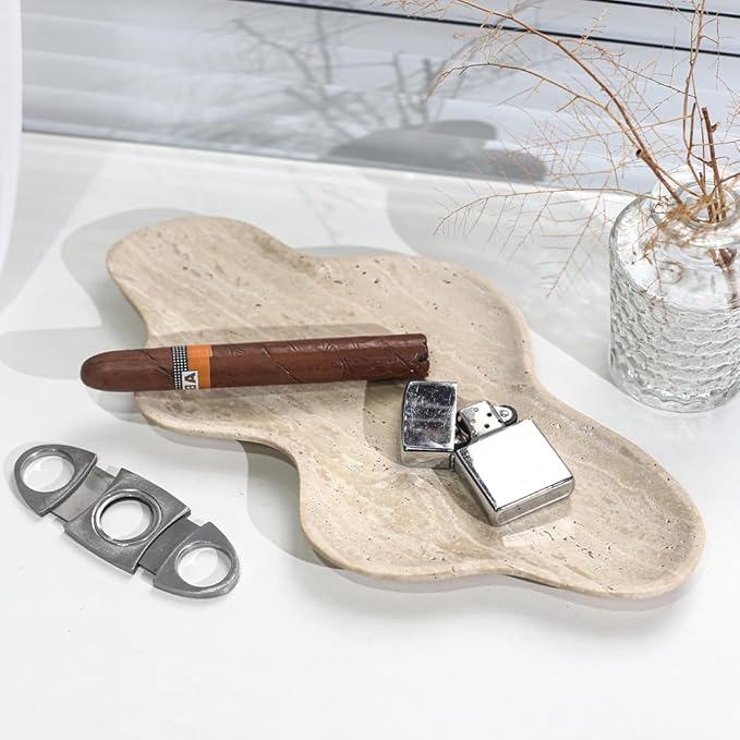 Handcrafted Travertine Decorative Tray, Cloud Shaped Tray for Vanity, Unique Trinket Dish for Jewelry Ring Necklace, Natural Stone Key Tray for Entrance Living Room Vanity (Beige 11.8" x 6.3")
