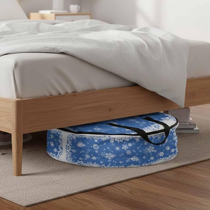 Christmas Dreamlike Round Storage Bag 36 Inch, Winter Snowflake Blue Background Clothes Storage Container with Handles Heavy Duty Organizer for Comforter, Bedding & Holiday Wreaths
