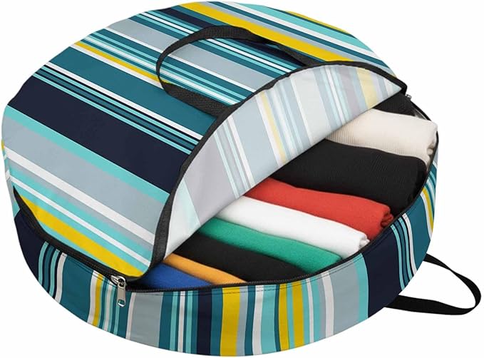 Storage Bag Blue Stripes Round Storage Totes Bins Closet Organizers with Zippers & Handle Boho Style Lines Striped Clothes Storage Container for Bedroom Dorm Space Saving Packing Supplies Moving Bags
