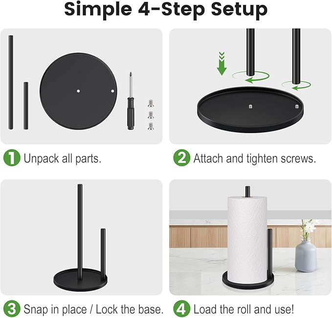 Black Paper Towel Holder Countertop, Paper Roll Holder Stand with Anti-Slip Weighted Base, Easy-Tear Papers Towel Rack Free Standing Tissue Dispenser for Bathroom Kitchen Organization RV Essentials