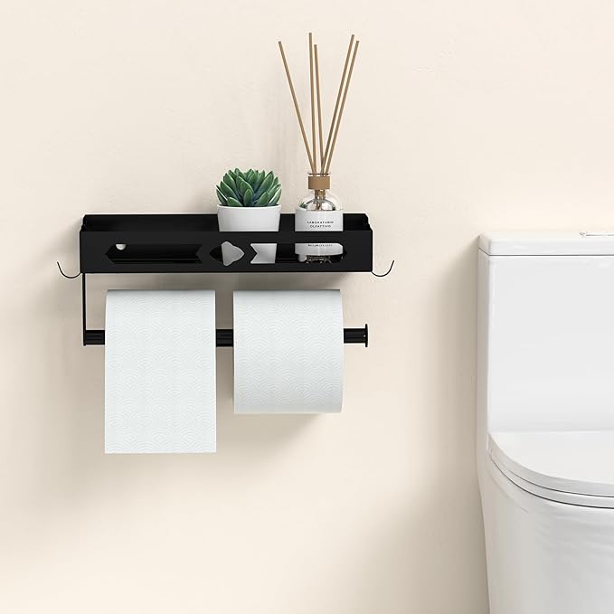 Paper Towel Holder Wall Mount for Kitchen, Easy One-handed Operation Design, Self Adhesive Paper Towel Holder with Shelf for Bathroom, RV Paper Towel Rack Paper Roll Holder with 2 Hooks, Black