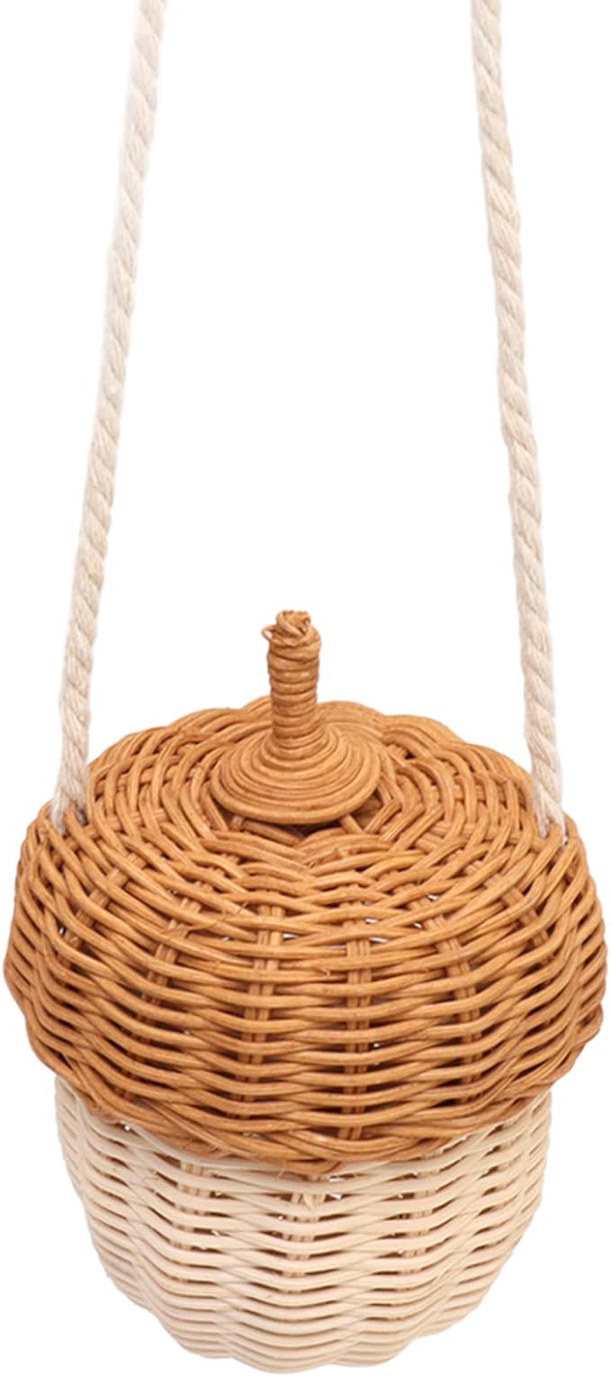 Hanging Baskets Rattan Storage Basket Handmade Photography Props Acorn Shaped Home Decorative for Girls Rattan Basket Bag Kids (Small Shoulder Bag)