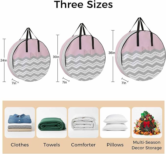 Storage Bag Pink Grey Waves Round Storage Totes Bins Closet Organizers with Zippers & Handle Chevron Stripe Clothes Storage Container for Bedroom Dorm Space Saving Packing Supplies Moving Bags