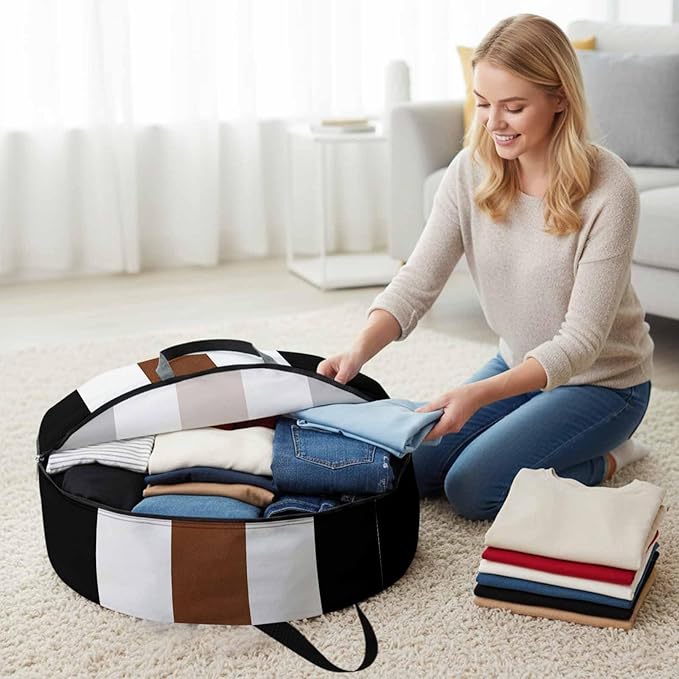 Storage Bag Boho Stripe Round Storage Totes Bins Closet Organizers with Zippers & Handle Bohemian Brown Black White Clothes Storage Container for Bedroom Dorm Space Saving Packing Supplies Moving Bags