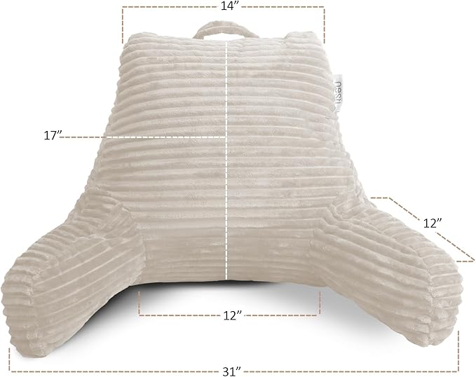 Nestl Linen Reading Pillow with Bed Desk for Laptop and Writing, Luxe Cut Plush Back Pillow for Sitting Up, Back and Arms Adjustable Support for Adult and Teens, Foldable Lap Desk for Bed 22x14”