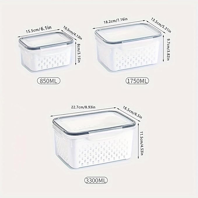 3Pcs Fruit Containers for Fridge with Removable Colanders and Lids, Airtight Storage Container to Keep Fruits, Vegetables, Berry, Meat Fresh Longer, Dishwasher & Microwave Safe