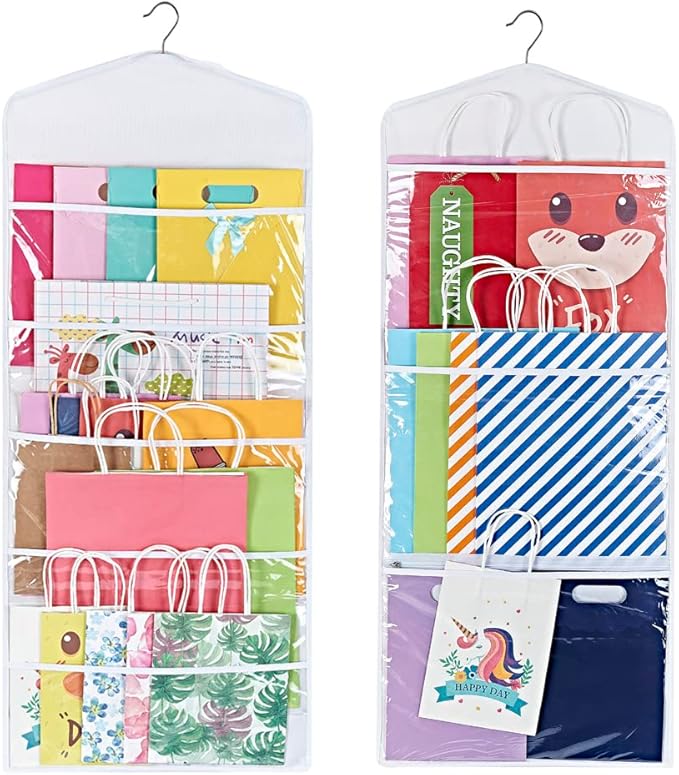 ProPik Hanging Double Sided Gift Bag Storage Organizer with Multiple Front and Back Pockets - Organize Your Gift Wrap, Tissue Paper, and Paper Bags 38 x 16 Inch PVC (White)
