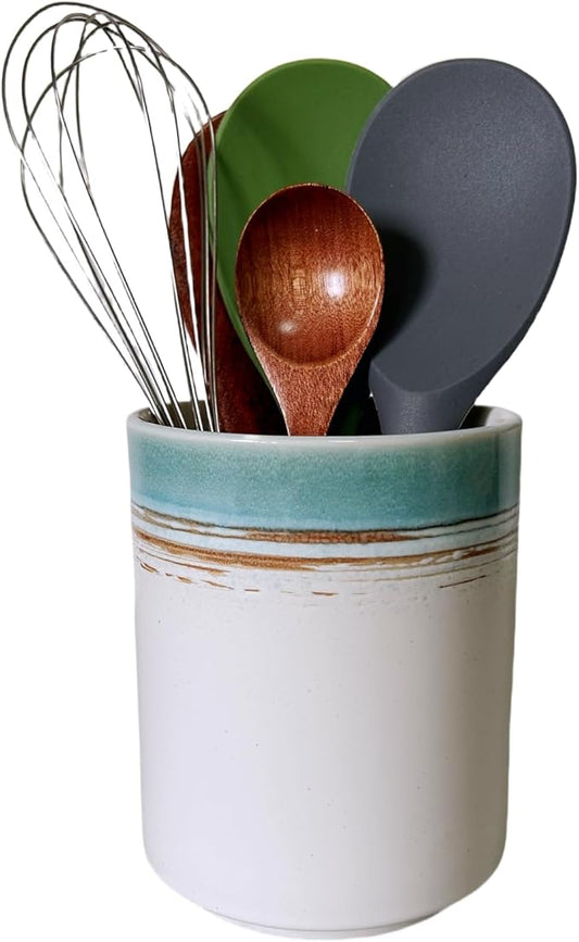Short Kitchen Utensil Holder for Kitchen Counter, Ceramic Small Utensil Crock & Vase & Holder for Cutlery Spatula Brush Silverware Cooking Utensil Holder (Green Field)