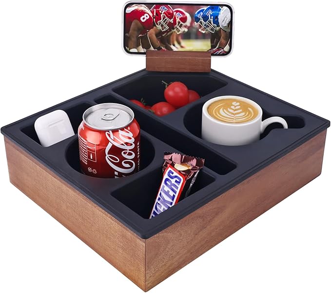 Couch Cup Holder Tray, Hitseon Silicone Acacia Wooden Couch Caddy with Cup Holder for Bed Car Beach, Drink Holder for Couch with Upgrade Removable 360° Rotating Holder Black