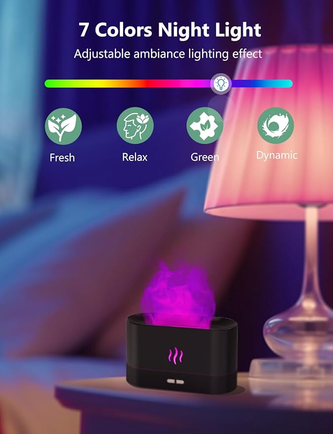 PIZAY Air Humidifier, Essential Oil Diffuser with Led Flame Light - 7 Colors, 180mL Capacity (8 Hours), Noiseless Operation, Auto-Off Protection - Perfect for Home Bedroom Office Gifts(White)